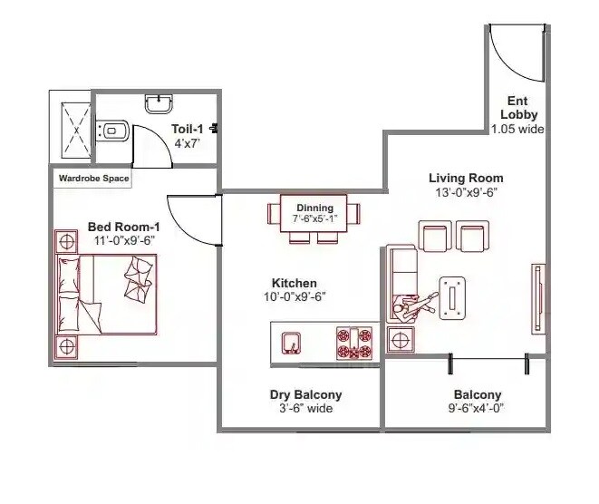 Floor plan of 1 BHK 388 Sq. Ft. Apartment in Kanifnath Archana Prestige, Pune