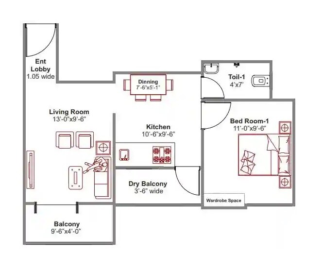 Floor plan of 1 BHK 466 Sq. Ft. Apartment in Kanifnath Archana Prestige, Pune