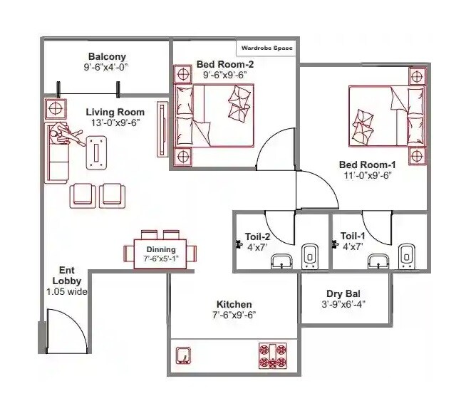 Floor plan of 2 BHK 622 Sq. Ft. Apartment in Kanifnath Archana Prestige, Pune