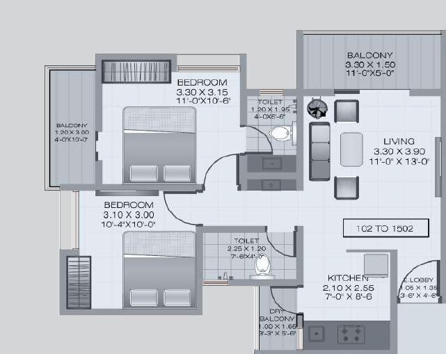 Floor plan of 2 BHK 636 Sq. Ft. Apartment in Kankariya Skyra Evershine, Pune