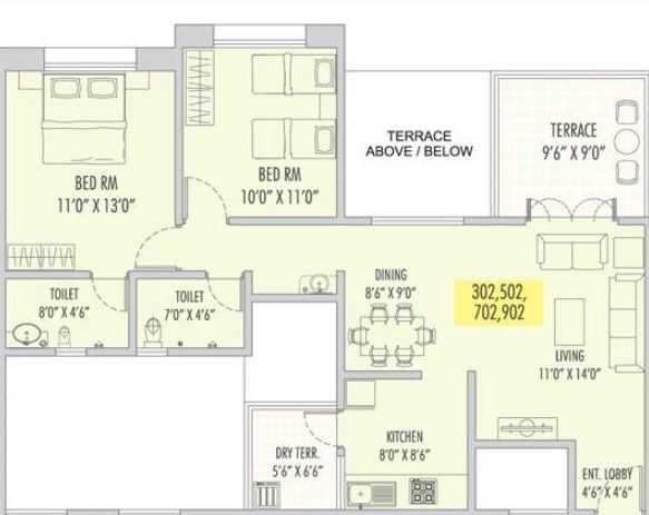 Floor plan of 2 BHK 1045 Sq. Ft. Apartment in Karan Clarissa, Pune