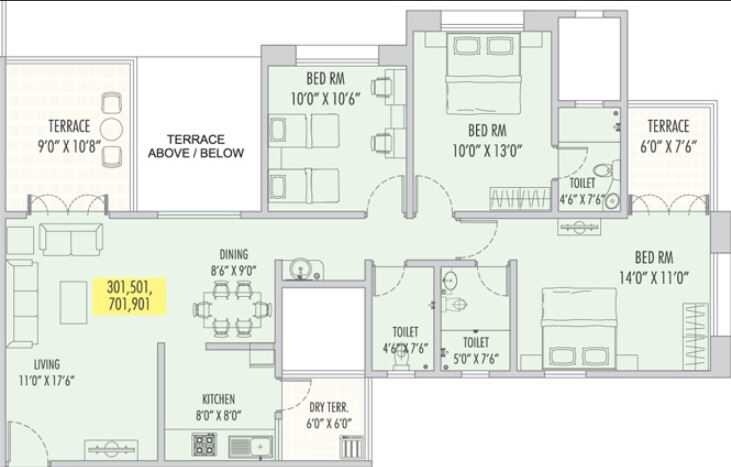 Floor plan of 3 BHK 1346 Sq. Ft. Apartment in Karan Clarissa, Pune