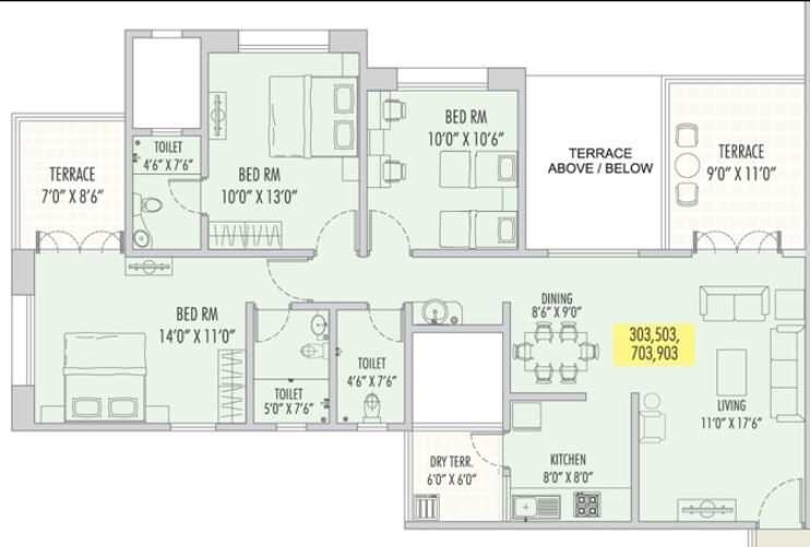 Floor plan of 3 BHK 1463 Sq. Ft. Apartment in Karan Clarissa, Pune