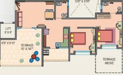 Floor plan of 2 BHK 957 Sq. Ft. Apartment in Karan Goldcoast, Pune