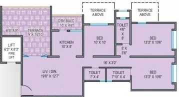 Floor plan of 3 BHK 1497 Sq. Ft. Apartment in Karan Goldcoast, Pune