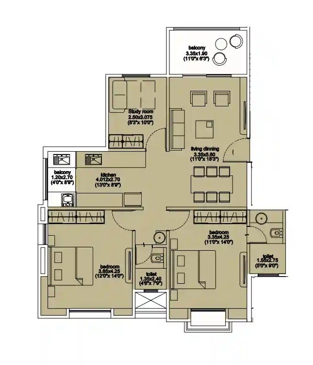 Floor plan of 2 BHK 834 Sq. Ft. Apartment in Karan Shankara Apartment, Pune