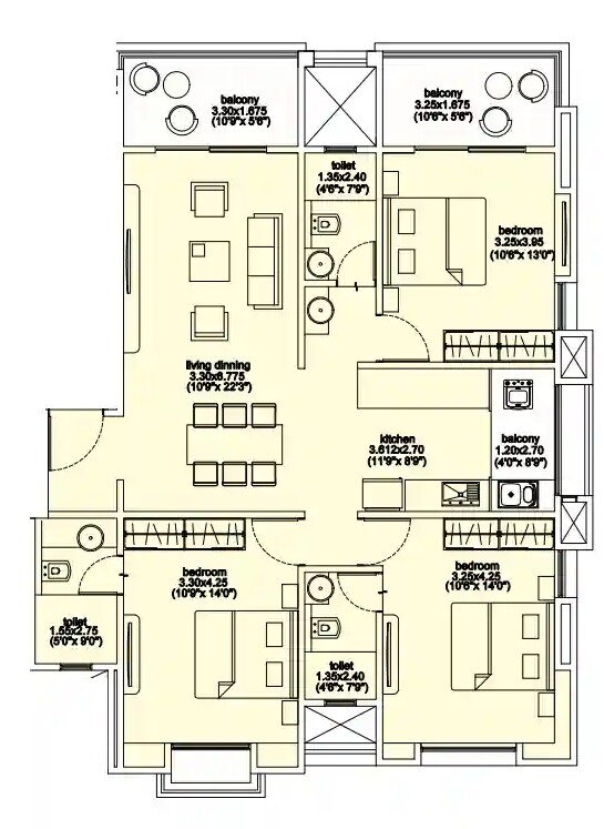 Floor plan of 3 BHK 1052 Sq. Ft. Apartment in Karan Shankara Apartment, Pune