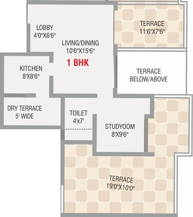 Floor plan of 1 BHK 383 Sq. Ft. Apartment in Karan Suncoast, Pune