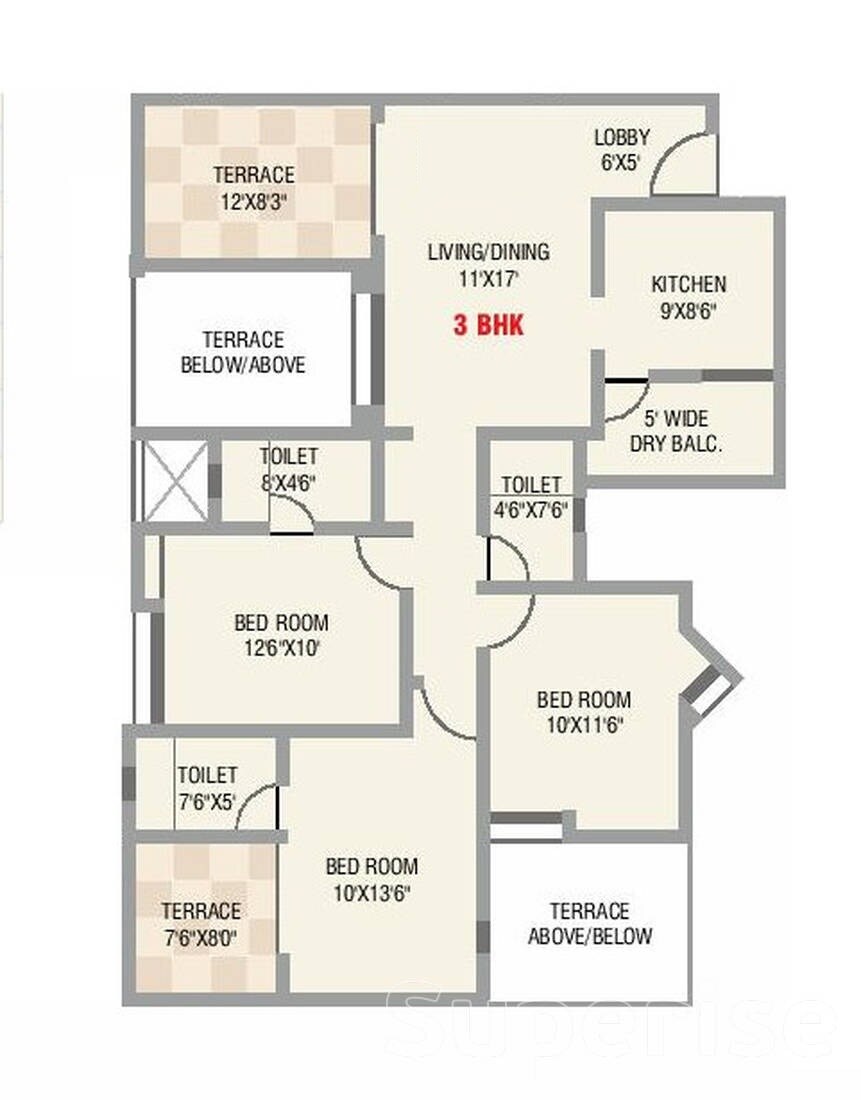 Floor plan of 3 BHK 801 Sq. Ft. Apartment in Karan Suncoast, Pune