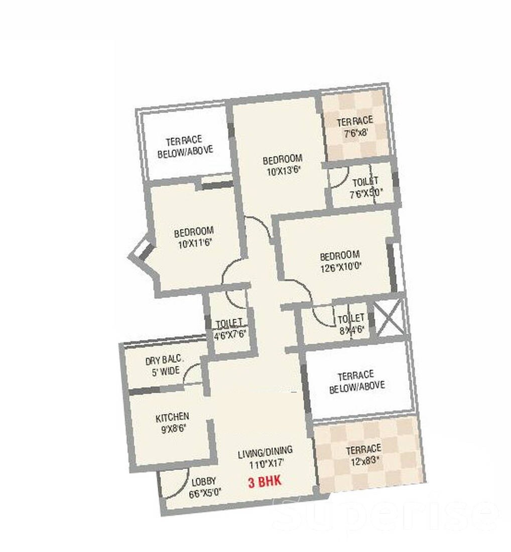 Floor plan of 3 BHK 847 Sq. Ft. Apartment in Karan Suncoast, Pune