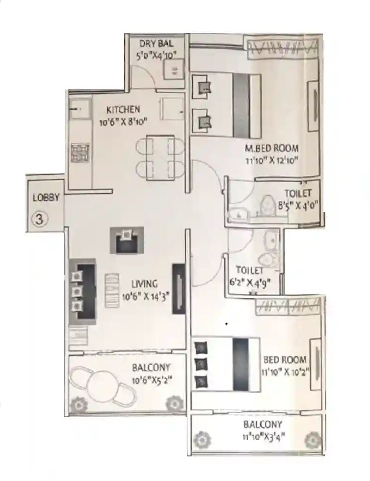 Floor plan of 2 BHK 744 Sq. Ft. Apartment in Karandikar Insignia Phase 3, Pune