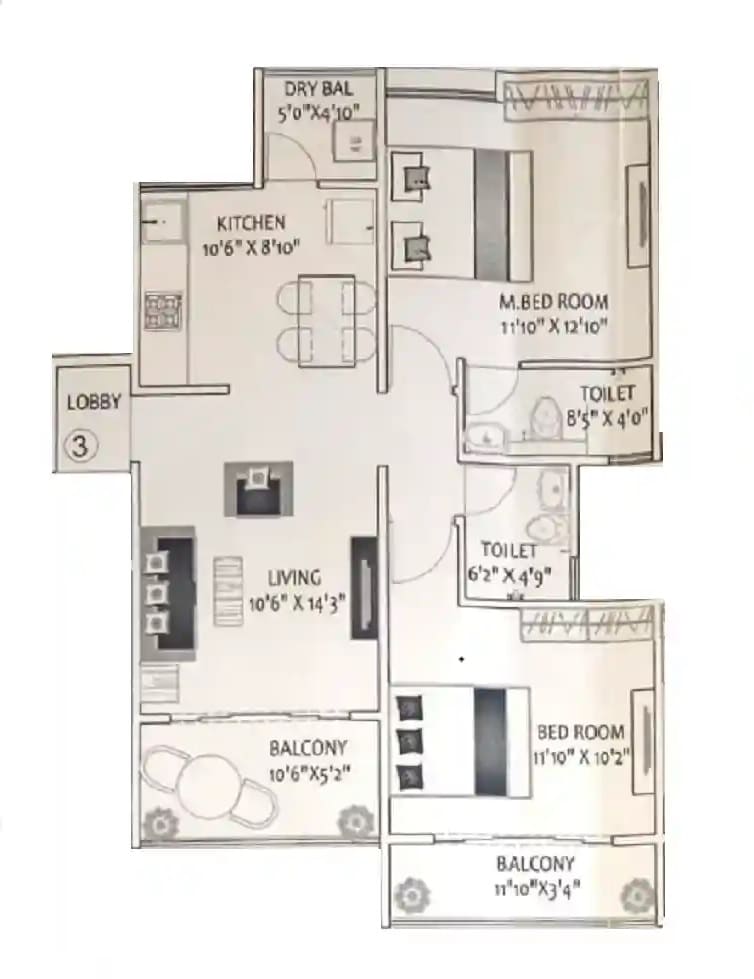 2 BHK 744 Sq. Ft. Apartment