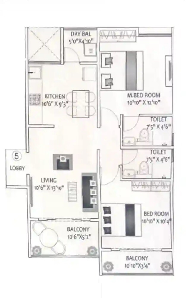 Floor plan of 2 BHK 761 Sq. Ft. Apartment in Karandikar Insignia Phase 3, Pune