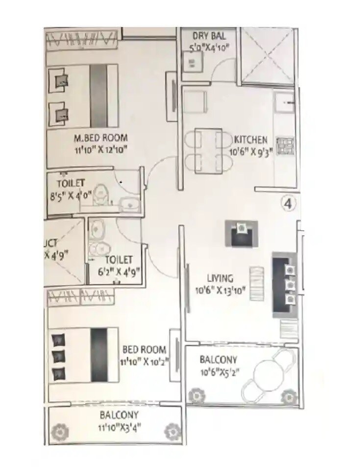 Floor plan of 2 BHK 765 Sq. Ft. Apartment in Karandikar Insignia Phase 3, Pune