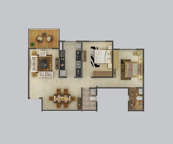 Floor plan of 2 BHK 963 Sq. Ft. Apartment in Karia Konark Orchid, Pune
