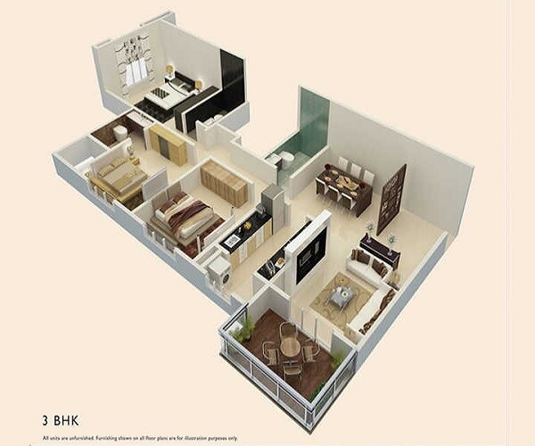 Floor plan of 3 BHK 1300 Sq. Ft. Apartment in Karia Konark Orchid, Pune