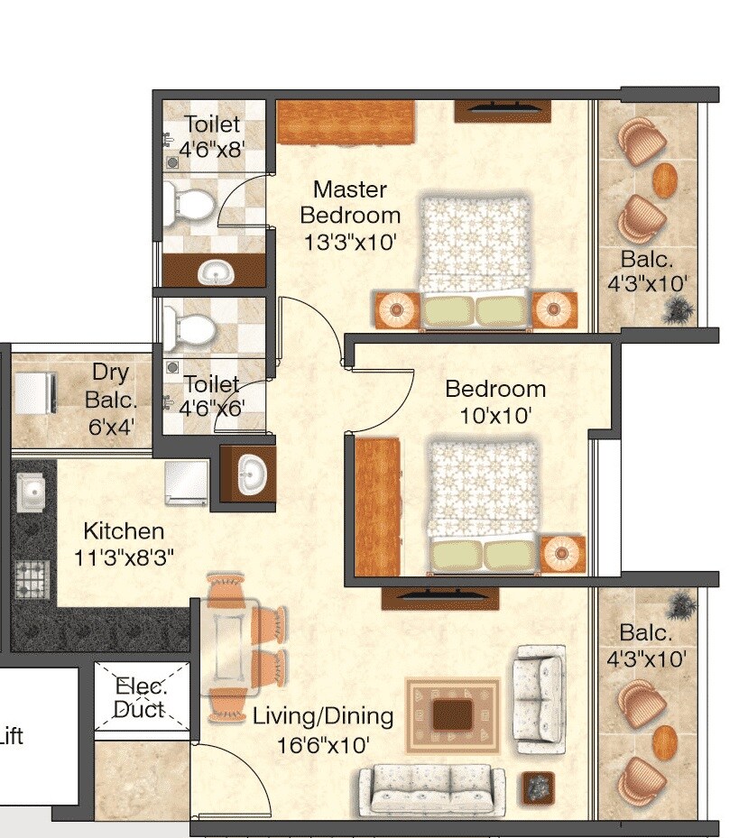 Floor plan of 2 BHK 748 Sq. Ft. Apartment in Karma Iconic, Pune