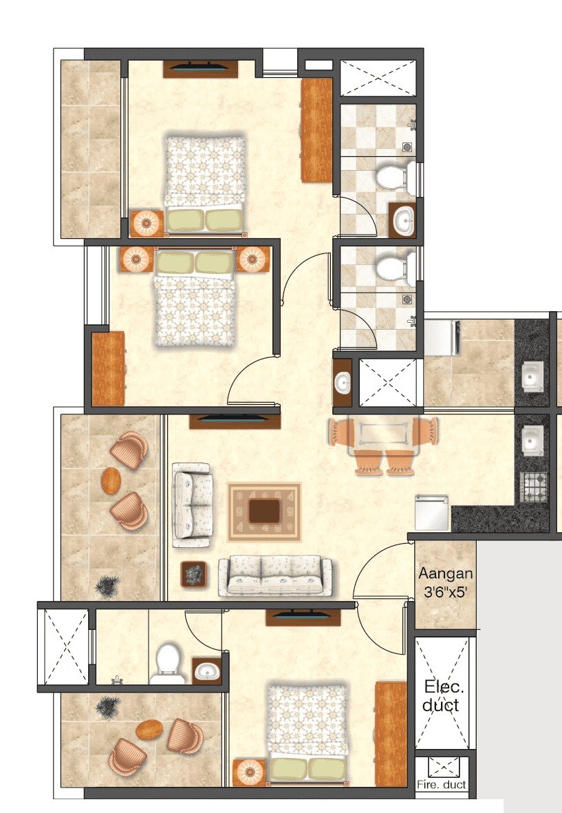 Floor plan of 3 BHK 830 Sq. Ft. Apartment in Karma Iconic, Pune