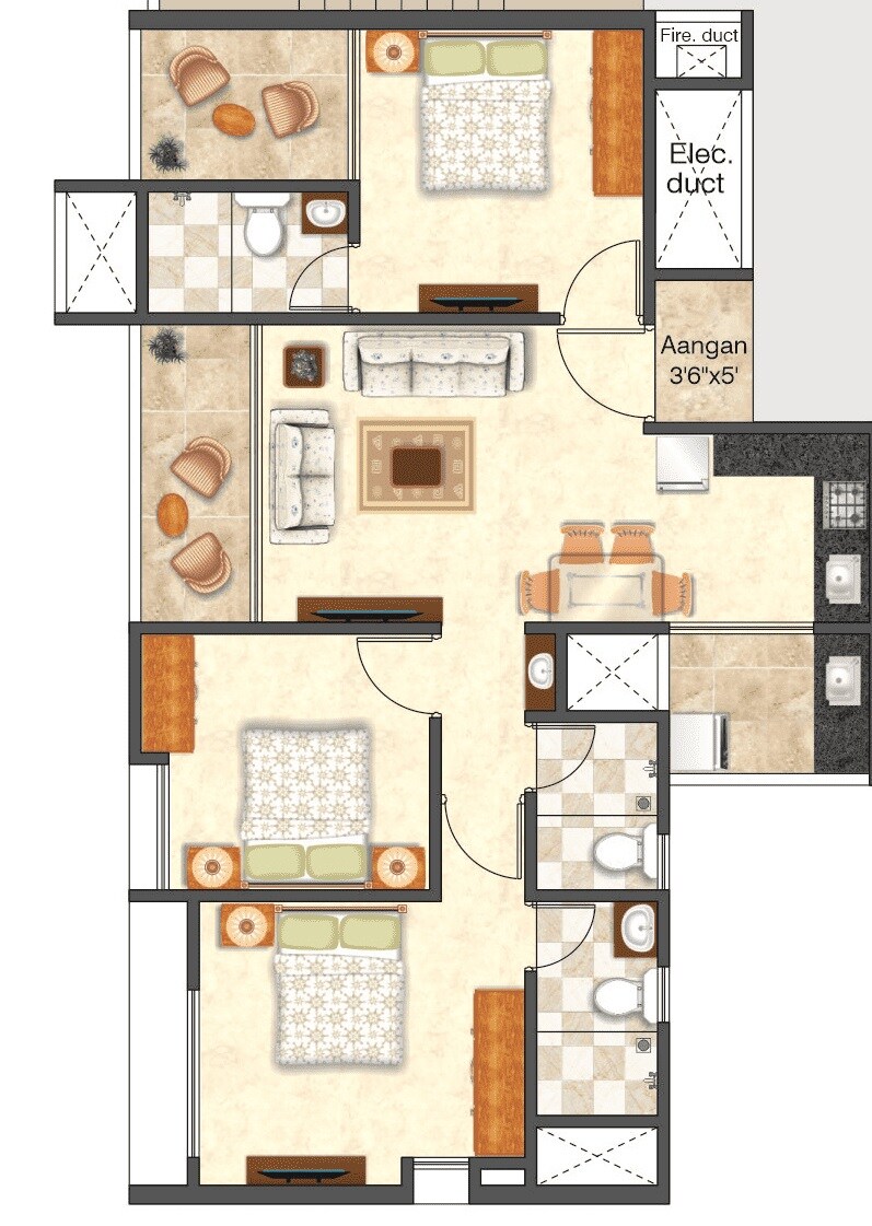 Floor plan of 3 BHK 848 Sq. Ft. Apartment in Karma Iconic, Pune