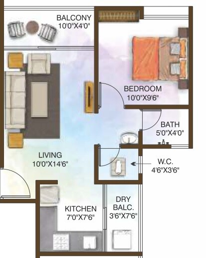Floor plan of 2 BHK 625 Sq. Ft. Apartment in Karma Rejoice, Pune