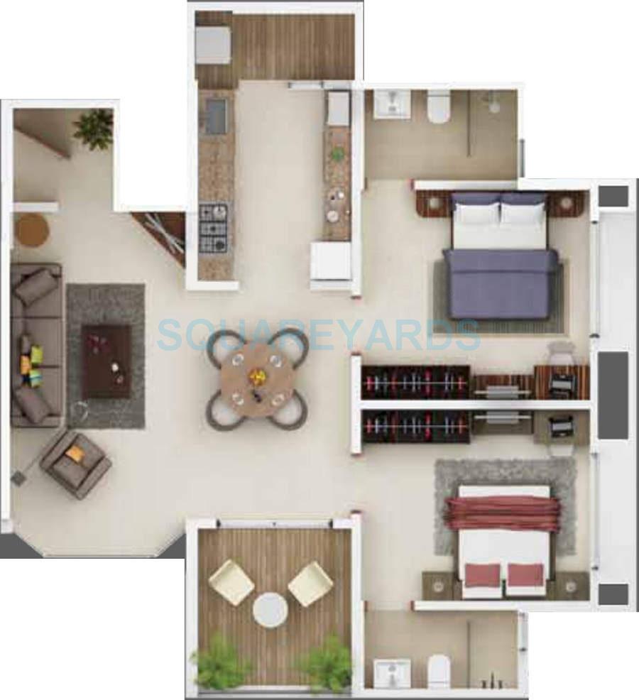 Floor plan of 2 BHK 628 Sq. Ft. Apartment in Kasturi Apostrophe, Pune