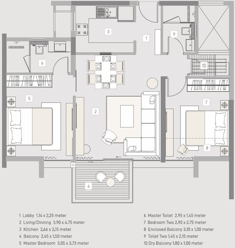 Floor plan of 2 BHK 710 Sq. Ft. Apartment in Kasturi Apostrophe Hinjawadi, Pune
