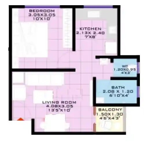Floor plan of 1 BHK 412 Sq. Ft. Apartment in Kasturi Gandh Residency, Pune