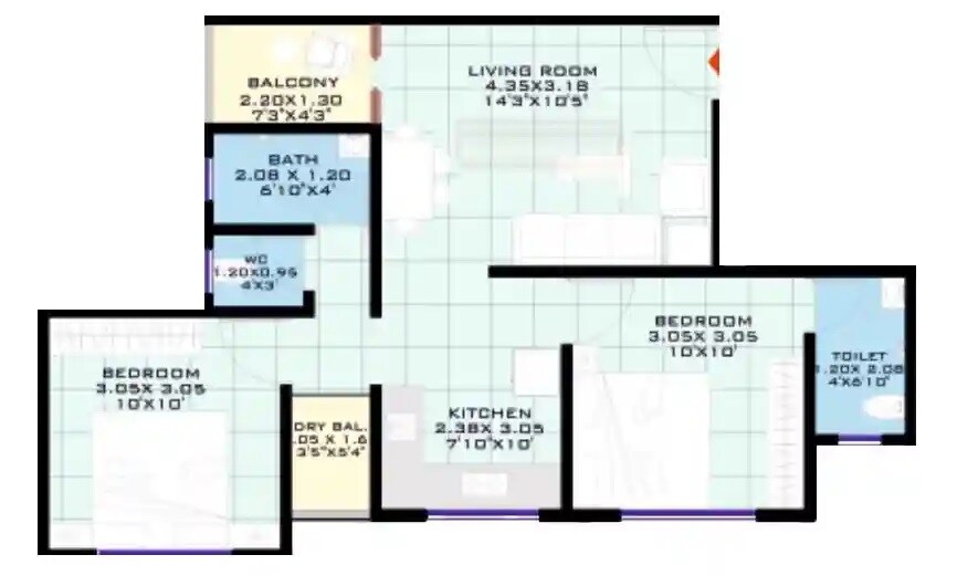 Floor plan of 2 BHK 589 Sq. Ft. Apartment in Kasturi Gandh Residency, Pune