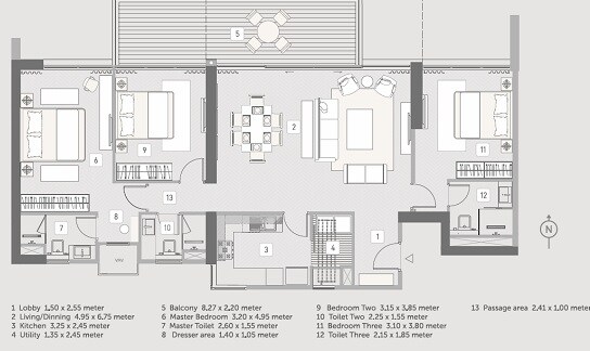 Floor plan of 3 BHK 1377 Sq. Ft. Apartment in Kasturi The Balmoral Riverside, Pune