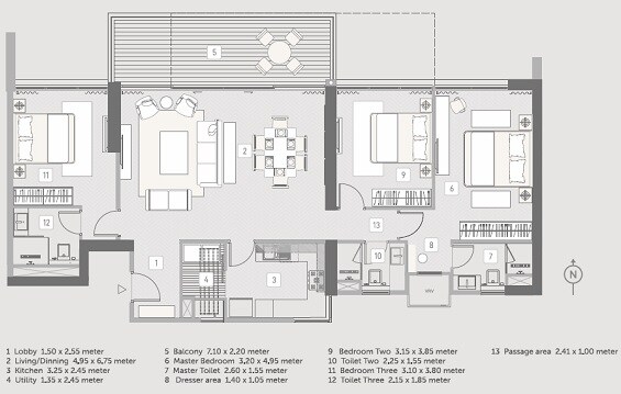 Floor plan of 3 BHK 1404 Sq. Ft. Apartment in Kasturi The Balmoral Riverside, Pune