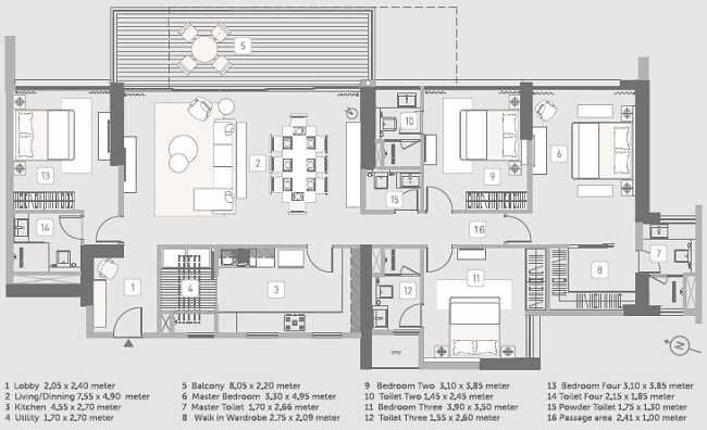 Floor plan of 4 BHK 1851 Sq. Ft. Apartment in Kasturi The Balmoral Riverside, Pune