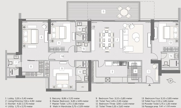 Floor plan of 4 BHK 2488 Sq. Ft. Apartment in Kasturi The Balmoral Riverside, Pune