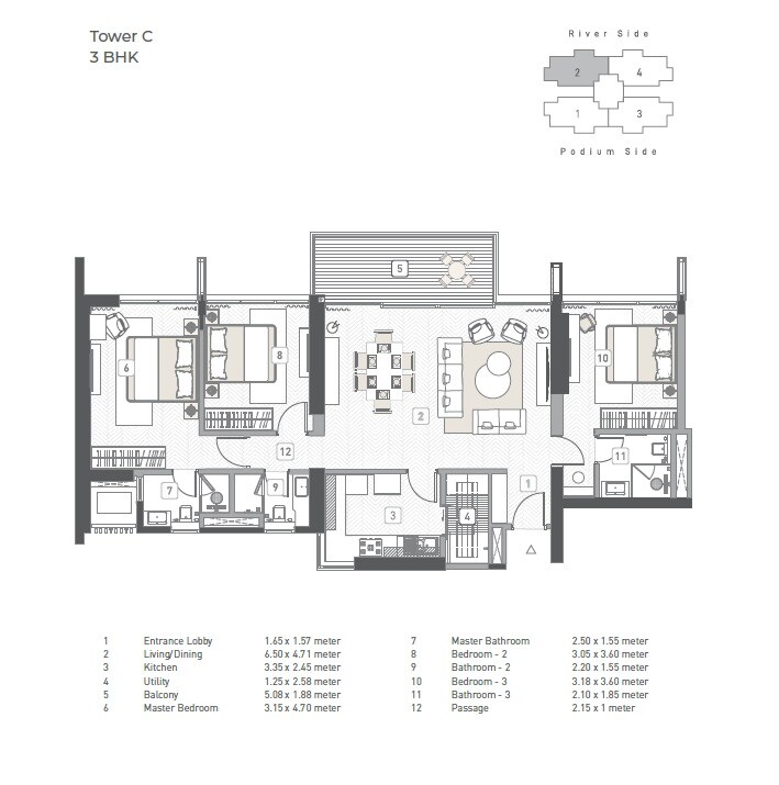 Floor plan of 3 BHK 1108 Sq. Ft. Apartment in Kasturi The Balmoral Towers, Pune