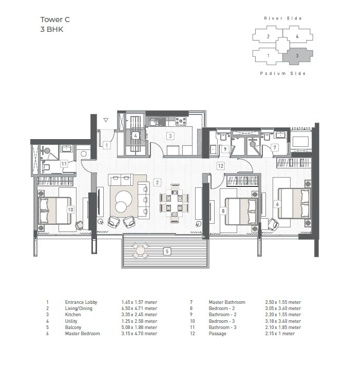 Floor plan of 3 BHK 1245 Sq. Ft. Apartment in Kasturi The Balmoral Towers, Pune