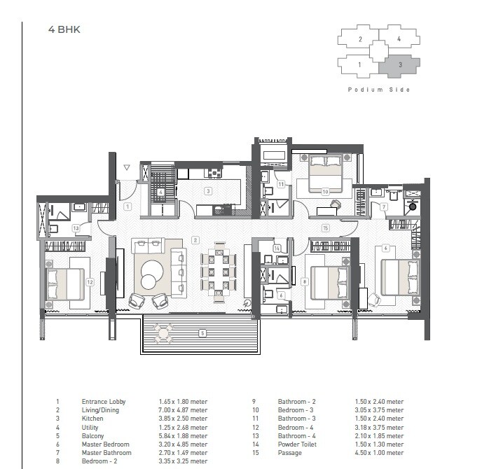 Floor plan of 4 BHK 1581 Sq. Ft. Apartment in Kasturi The Balmoral Towers, Pune