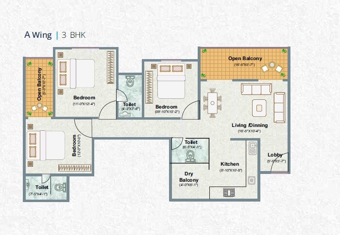Floor plan of 3 BHK 1043 Sq. Ft. Apartment in Kate Vimal Twin Towers, Pune