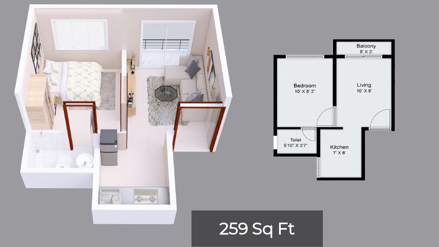 Floor plan of 1 BHK 259 Sq. Ft. Apartment in KBD Prospera Paradise, Pune