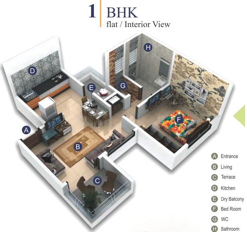 Floor plan of 1 BHK 410 Sq. Ft. Apartment in Kedar Krishna Kunj Residency, Pune