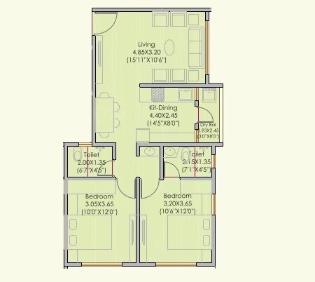 Floor plan of 2 BHK 682 Sq. Ft. Apartment in Kelkar Aditi Sadan CHSL, Pune