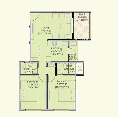 Floor plan of 2 BHK 771 Sq. Ft. Apartment in Kelkar Aditi Sadan CHSL, Pune