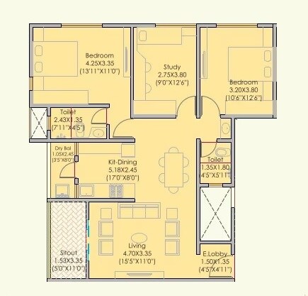 Floor plan of 3 BHK 1141 Sq. Ft. Apartment in Kelkar Aditi Sadan CHSL, Pune