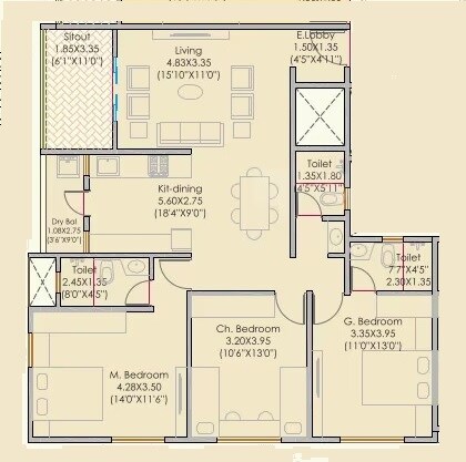 Floor plan of 3 BHK 989 Sq. Ft. Apartment in Kelkar Aditi Sadan CHSL, Pune