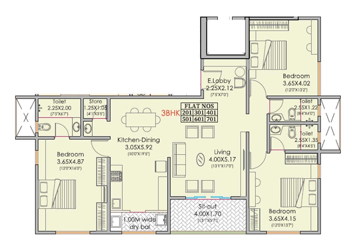 Floor plan of 3 BHK 1338 Sq. Ft. Apartment in Kelkar Gangadhar Apartments, Pune
