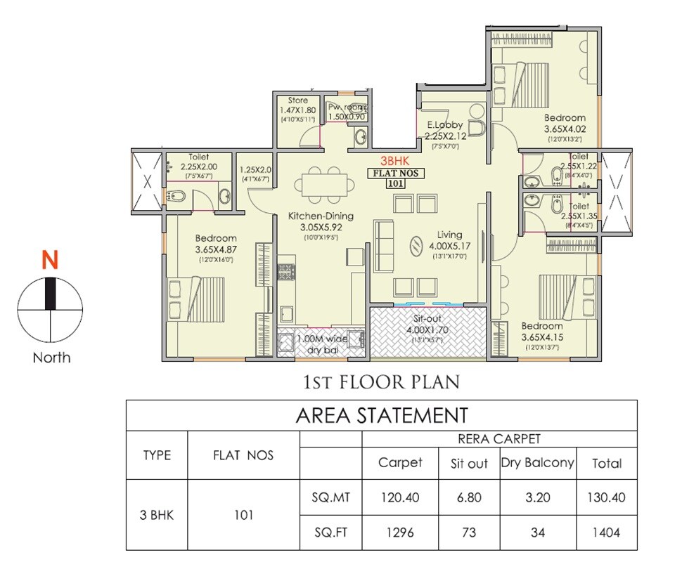 Floor plan of 3 BHK 1404 Sq. Ft. Apartment in Kelkar Gangadhar Apartments, Pune