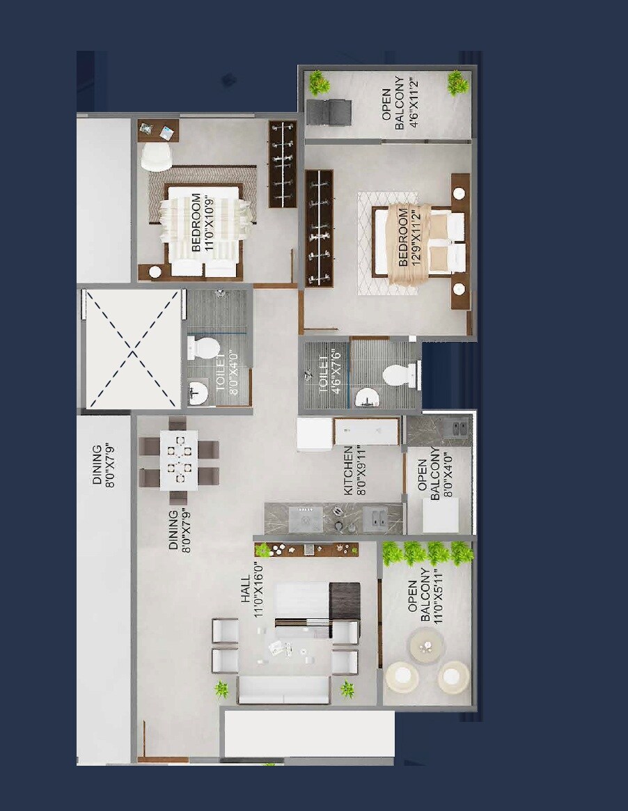 Floor plan of 2 BHK 872 Sq. Ft. Apartment in Kera Elite, Pune