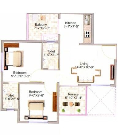 Floor plan of 2 BHK 433 Sq. Ft. Apartment in Kesar Aaradhyam, Pune