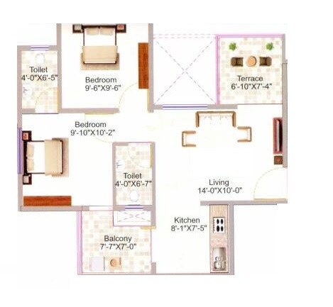 Floor plan of 2 BHK 506 Sq. Ft. Apartment in Kesar Aaradhyam, Pune