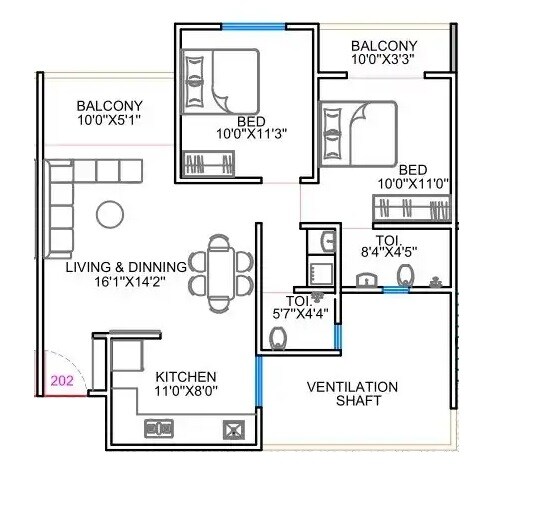Floor plan of 2 BHK 628 Sq. Ft. Apartment in Kesar High Street, Pune
