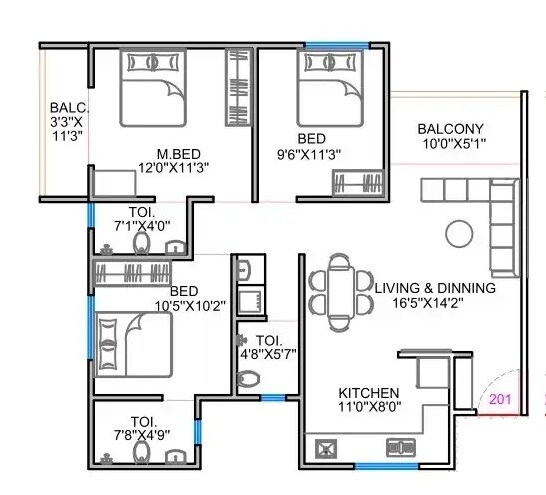 Floor plan of 3 BHK 822 Sq. Ft. Apartment in Kesar High Street, Pune