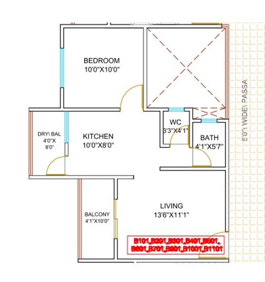 Floor plan of 1 BHK 385 Sq. Ft. Apartment in Kesar Kingston, Pune